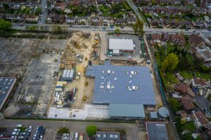 An aerial photograph of a new build ASDA Store in Beaston Leeds.